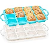 KASHME 2Pcs Silicone Brownie Pans With Dividers, 12-Cavity Non Stick All Edges Mini Brownie Baking Pan With Metal Frame, Square Muffin Pan For Oven, (Aqua、Cream)