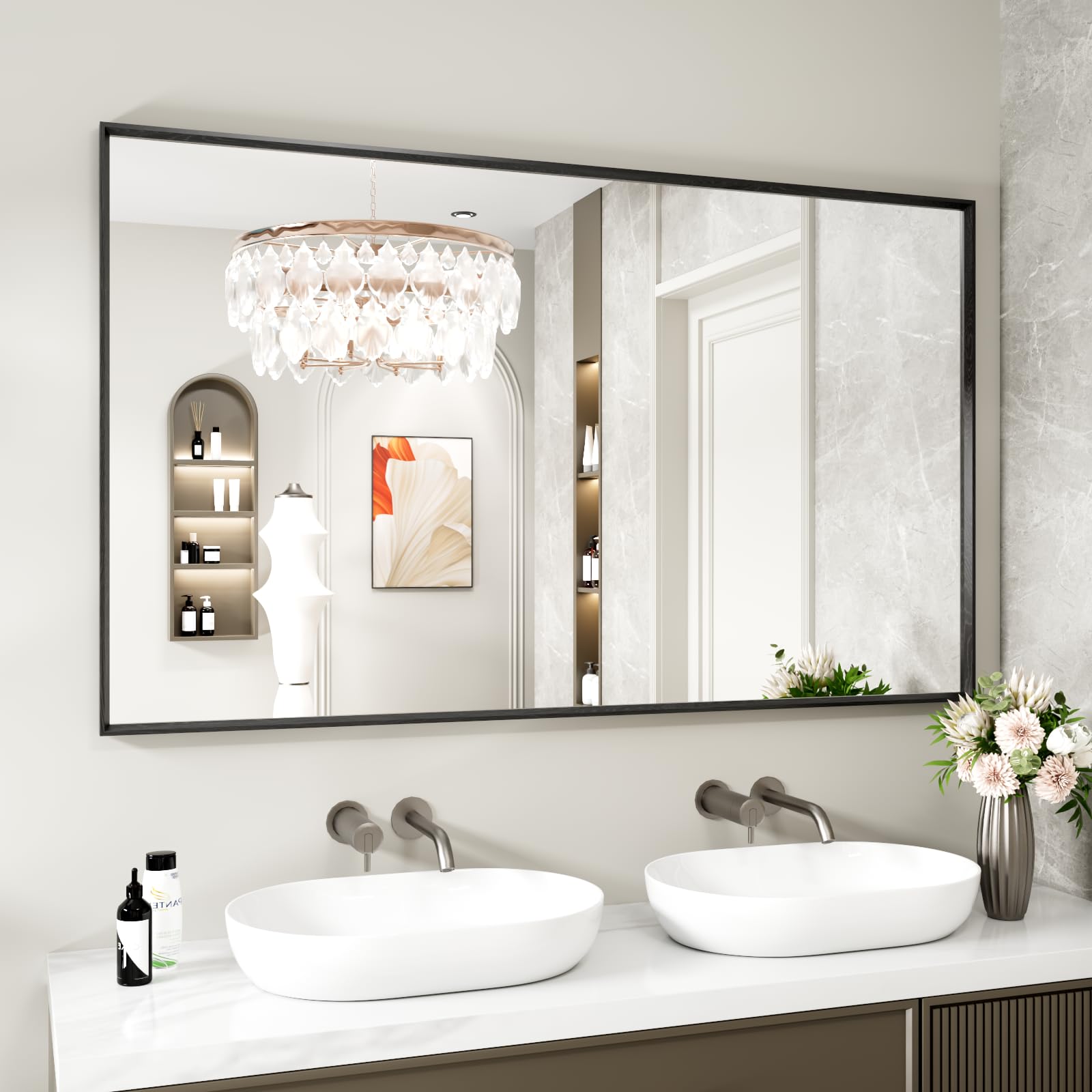Photo 1 of Bathroom Mirror, 60x36 Inch Matte Black Framed Mirror, Rectangular Wall Mirror, Vanity Mirror Wall Mounted, Anti-Rust, Tempered Glass, Hangs Horizontally or Vertically