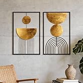 Abstract Geometric Wall Decor Set, Gold and Black Metal Wall Art with Circular and Linear Designs, 2 Piece Framed Modern Wall