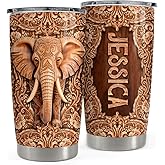 SANDJEST Personalized Elephant Wood Drawing Tumbler 20oz 30oz Insulated Tumblers with Lid Coffee Travel Mug Cup for Men Women Gift for Birthday