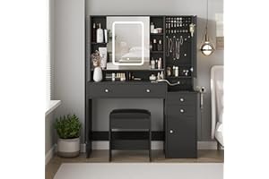 Vabches Vanity Desk with Mirror and Lights, Vanity Table Makeup Vanity with Lights 3 Drawers and Cabinets, Charging Station & Sliding Door, Lots Storage Shelves