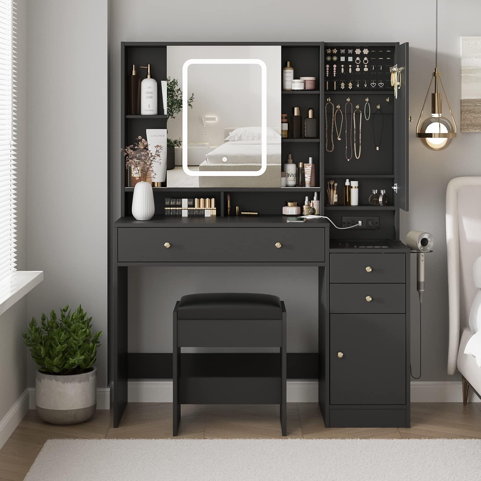 Photo 1 of (missing hardware, sold as parts_) Vanity Desk with Mirror and Lights, Vanity Table Makeup Vanity with Lights 3 Drawers and Cabinets, Charging Station & Sliding Door, Lots Storage Shelves