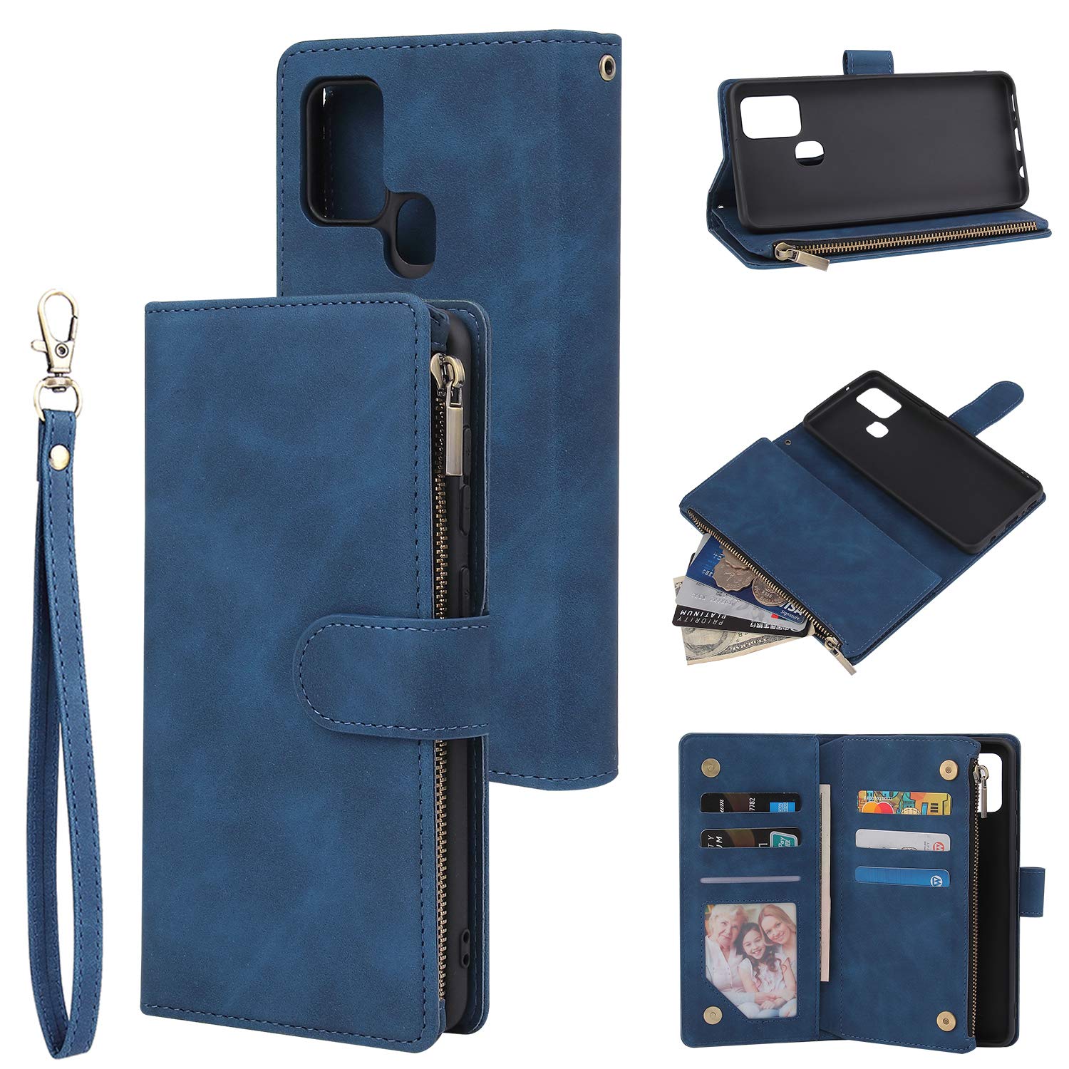 UEEBAI Wallet Case for Samsung Galaxy A21s, Premium Vintage PU Leather Magnetic Closure Handbag Zipper Pocket Case Kickstand Card Holder Slots with Wrist Strap TPU Shockproof Flip Cover - Blue