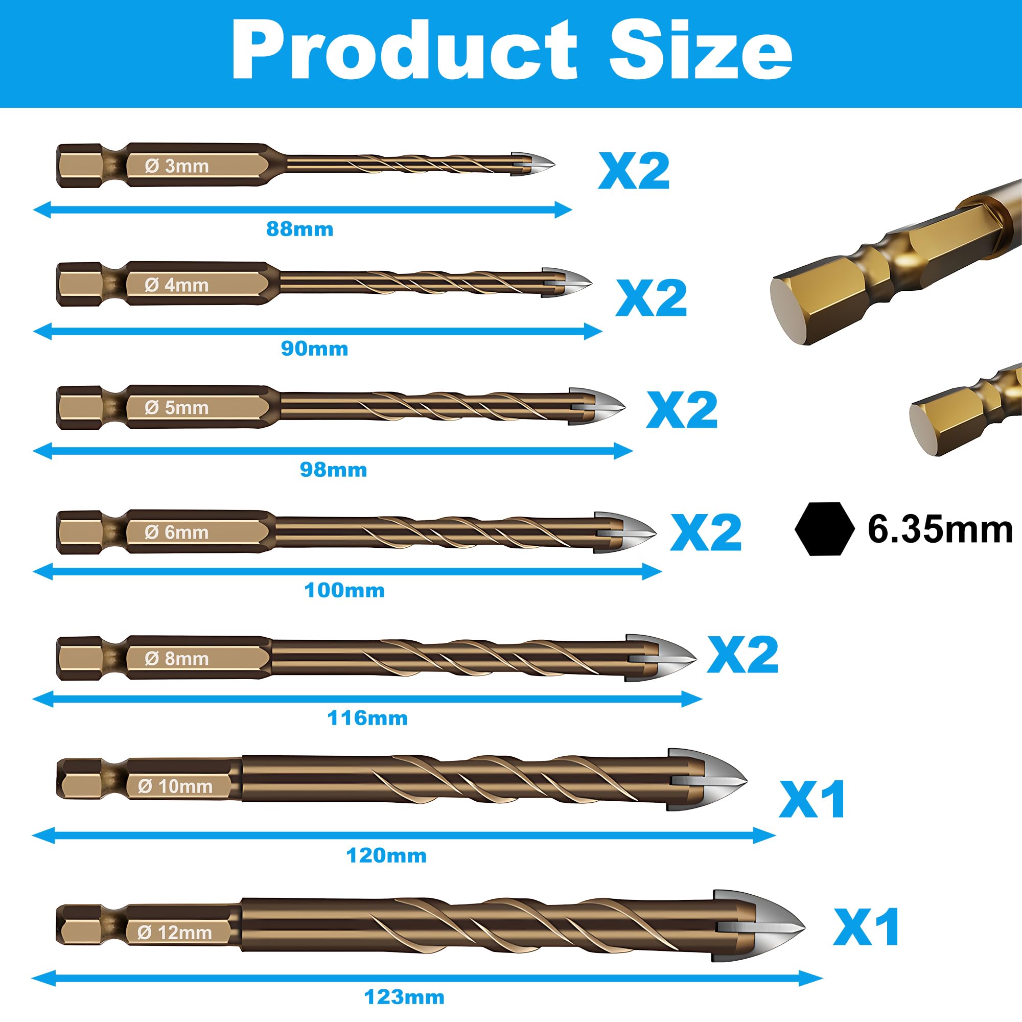 Fliesenbohrer Set 12 tlg, Glasbohrer Set Ø 3-12 mm, Universalbohrer Keramikbohrer mit Sechskantschaft, für Metall Ziegel Glas Kunststoff Holz 2