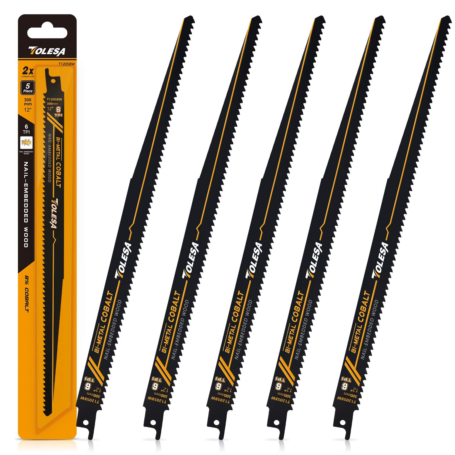TOLESA Reciprocating Saw Accessories for Wood Nail Embedded Window Door Demolition and Construction Wood Cutting 300mm 6TPI Sawzall Accessories Bi-Metal Teeth with Cobalt Sharp Cutting 5 Pack