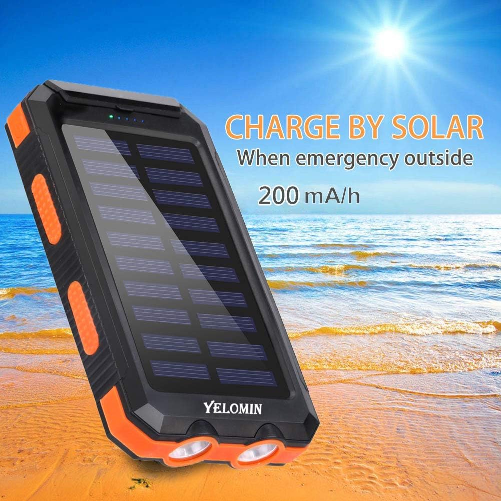 Solar Charger,Yelomin 20000mAh Portable Outdoor Mobile Power Bank,Camping External Backup Battery Pack Dual USB 5V 1A/2A Outputs with SOS Function & Compass
