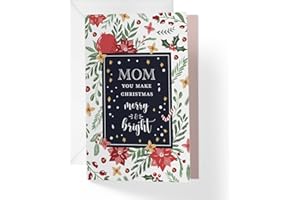 1Up Greetings Single Christmas Card For Mom (Mother) | Pomegranate, Poinsettia, Mistletoe | Your Purchase Helps Animals In Need | 5”x7.5” | Individual Christmas Card with Envelope | Made in USA |
