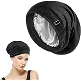 Silk Satin Bonnet Wrap for Sleeping, Adjustable Strap for Women, Stay on All Night hair Wrap Cover for Curly HAir and Braids(Black)