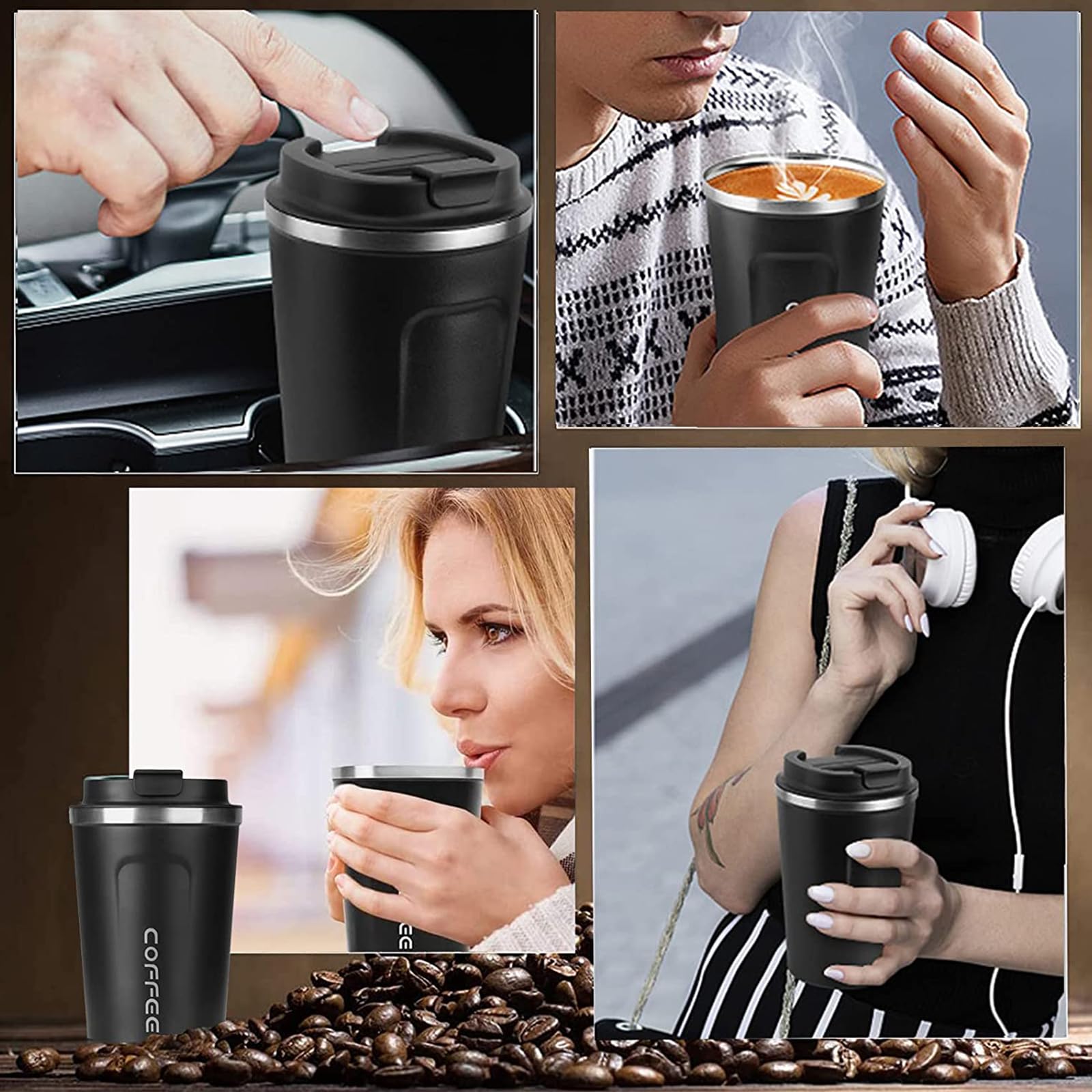 ERBO Kaffeebecher to go, Thermobecher Edelsthal, Auslaufsicher Kaffeetasse Kaffeebecher mit Deckel, Kaffeetasse Thermobecher für Unterwegs Umweltfreundlich, Schwarz 380ml 7
