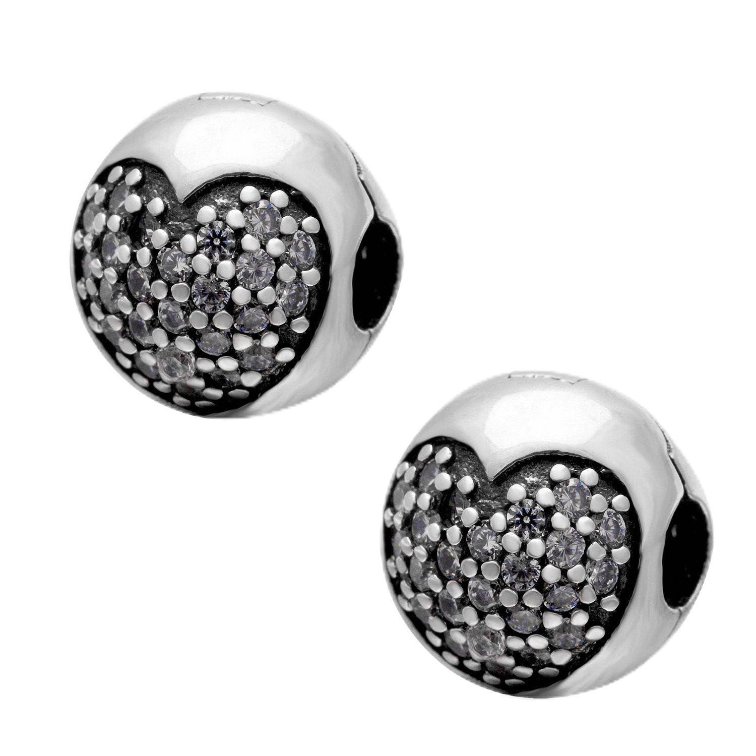 2PCS Love of My Life Clip Lock Charms Genuine 925 Sterling Silver Heart Crystal Clips Stopper Bead For European Bracelet (Clear Stone)