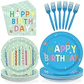 96Pcs Happy Birthday Party Supplies Colorful Candles Birthday Paper Plates and Napkins Disposable Blue and Mint Green Tableware Set for Kids Adult Birthdays Holiday Party Decorations Serves 24