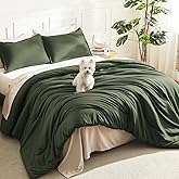 Litanika Dark Olive Green Comforter Set Queen, 3 Pieces Solid Bedding Comforter Set, All Season Fluffy Bed Set (90x90In Comforter & 2 Pillowcases)