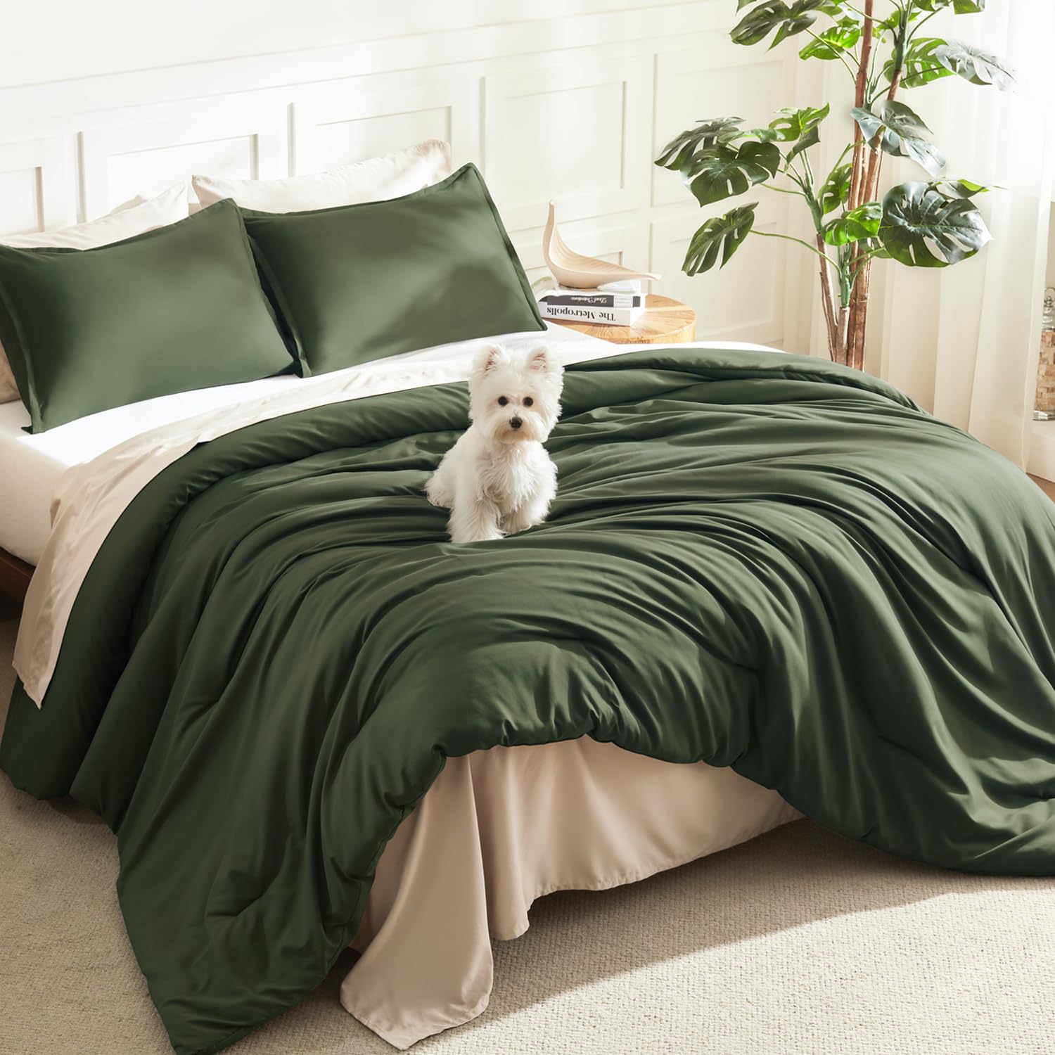Photo 1 of Litanika Dark Olive Green Comforter Set King, 3 Pieces Solid Bedding Comforter Set, All Season Fluffy Bed Set (104x90In Comforter & 2 Pillowcases)