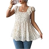SOLY HUX Women's Floral Blouse Square Neck Cap Sleeve Ruffle Hem Babydoll Flowy Vacation Summer Tops