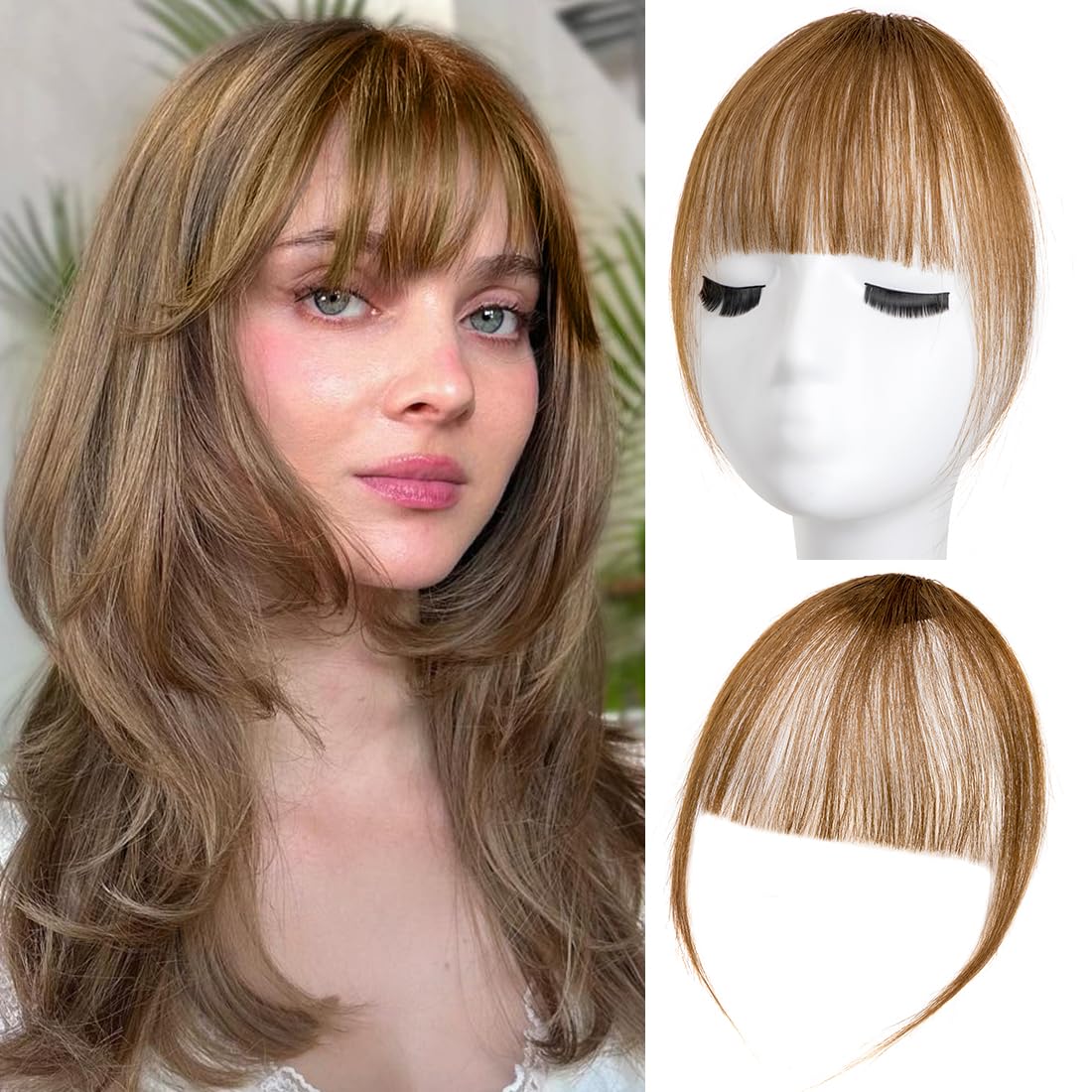Clip in Bangs 100% Real Human Hair Extensions Wispy Bangs for Women Fake Bangs Clip on Bangs Faux Hair extensions Fringe with Temples (Light Brown)