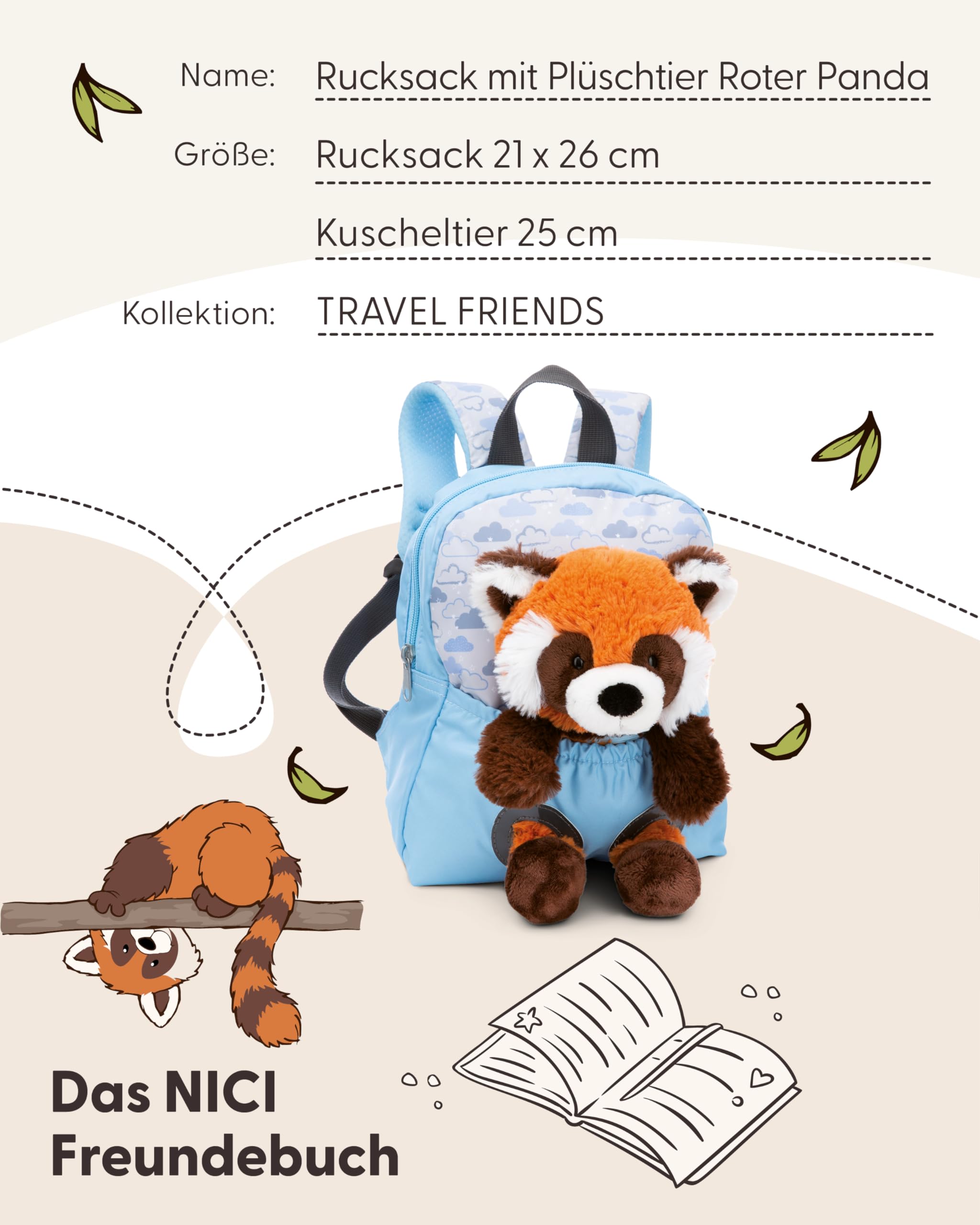 NICI Kinderrucksack blau 2 in 1 mit Kuscheltier Roter Panda 25cm - Kindergartenrucksack Mädchen & Jungen - Weicher Rückenbereich & verstellbare Gurte - 49852 5
