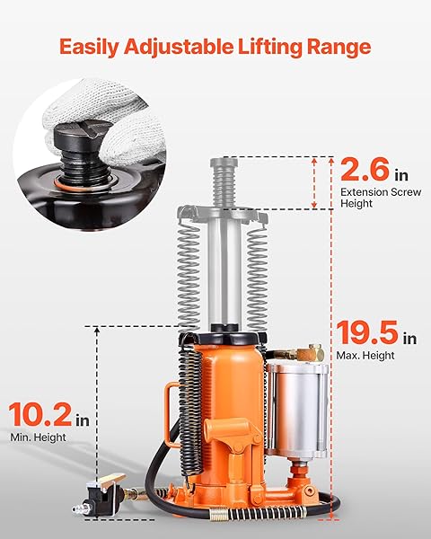 VEVOR AIR HYDRAULIC BOTTLE JACK, 20 TON/40000 LBS ALL WELDED BOTTLE JACK, 10.4-19.7 INCH LIFTING RANGE, MANUAL HANDLE AND AIR PUMP, FOR CAR, PICKUP, TRUCK, RV, AUTO REPAIR, INDUSTRIAL ENGINEERING