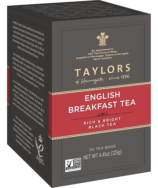 TAYLORS OF HARROGATE ENGLISH BREAKFAST, BLACK TEA, PILLOW TEA BAGS, 50 COUNT (PACK OF 1), RICH, BRIGHT & MALTY, CAFFEINATED, ENJOY HOT OR ICED, 50 TEABAGS