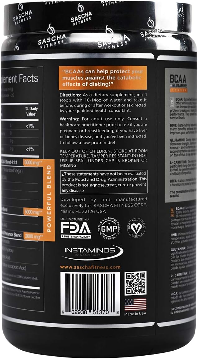 Sascha Fitness BCAA 4:1:1 + Glutamine, HMB, L-Carnitine, HICA | Powerful and Instant Powder Blend with Branched Chain Amino Acids (BCAAs) for Pre, Intra and Post-Workout (Natural Mango Coconut Flavor): Health & Personal Care