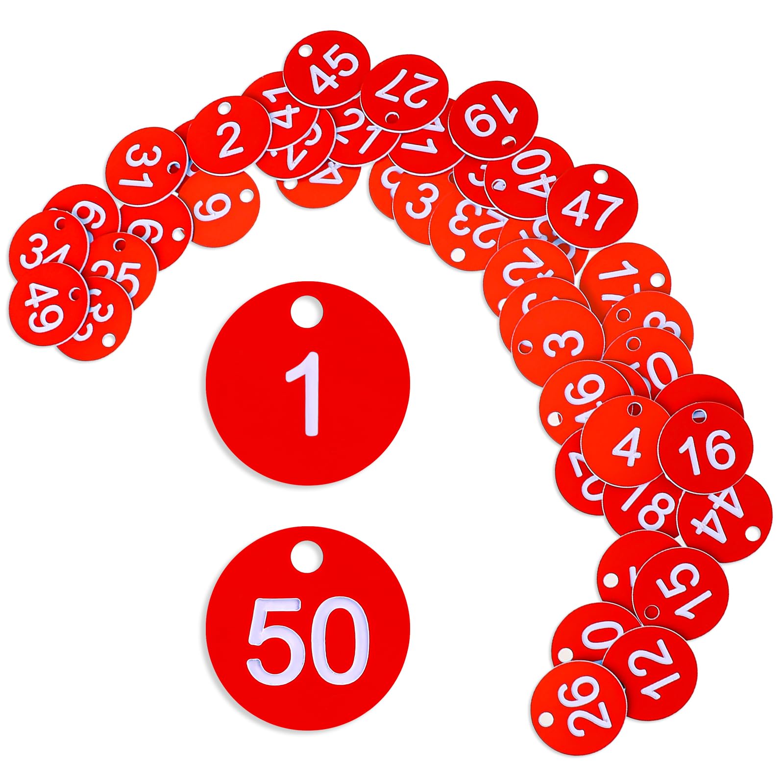 KALIONE 50 Pcs Plastic ID Tags Number Engraved Laber, 1-50 Colorful Marking Tag, Numbered Round Hole Hang Tags, Keychain Label Key Ring(Red), 560377_1_ffiHFIWxh