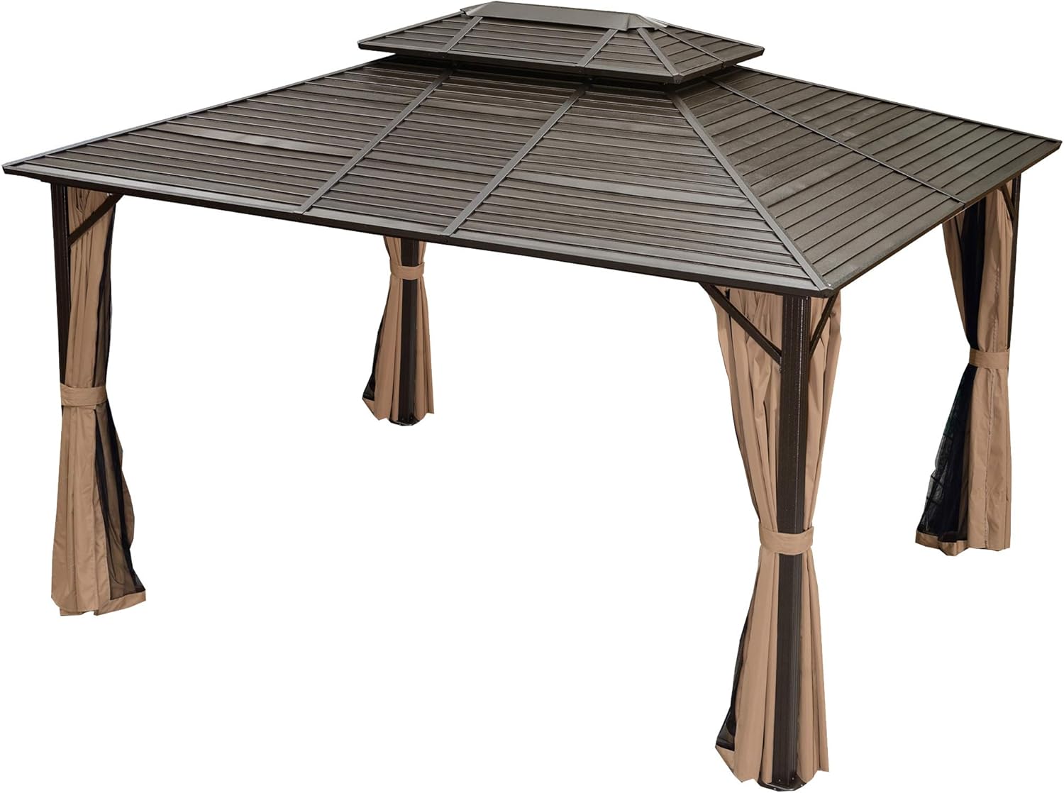 PURPLE LEAF 10' X 12' Outdoor Hardtop Permanent Double Roof Gazebo Galvanized Steel Canopy Aluminum Frame Patio Garden Gazebo with Netting and Curtains