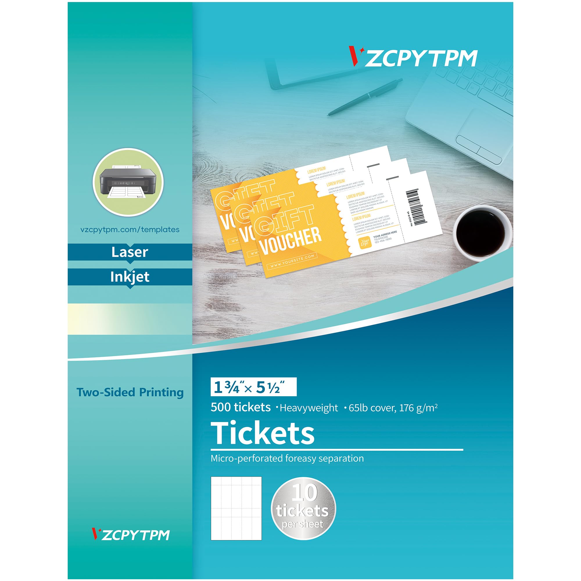 Photo 1 of 500 Printable Tickets with Tear-Away Stubs,1.75x5.5 Inch Custom Raffle Tickets for Events,Blank Tickets for Laser and Inkjet Printers