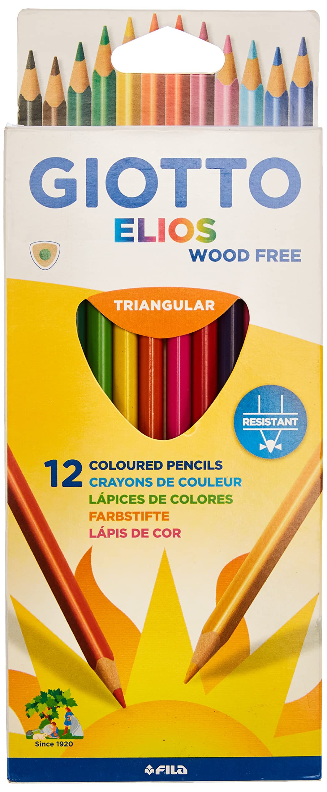 GIOTTO Elios Wood Free Colouring Pencils, 12 Assorted Colours, For Children & Schools