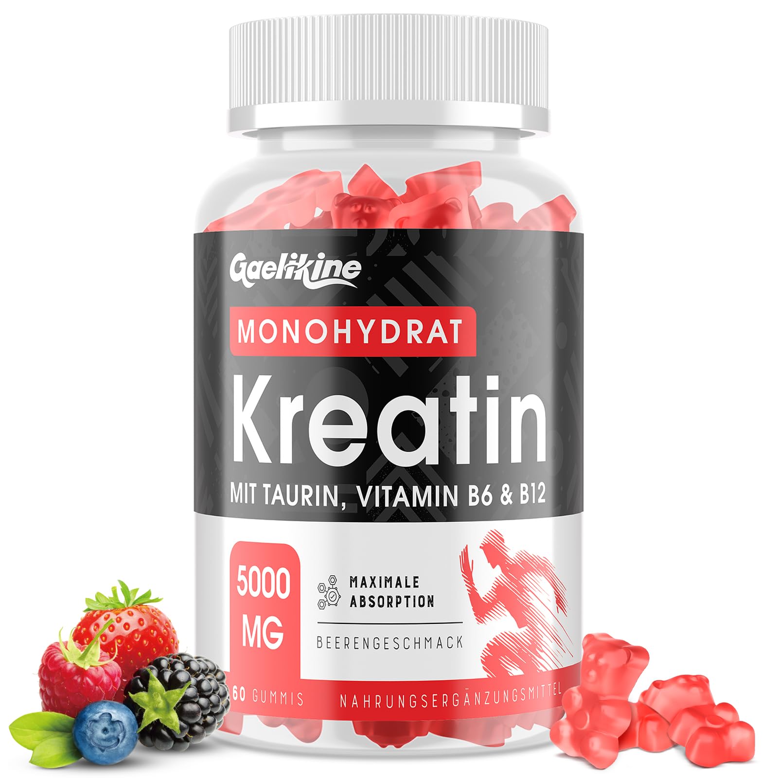 Creatin Monohydrat Gummibärchen 5000mg, Hochdosierte Kreatin mit Taurin, Vitamin B12 & B6, Alternative zu Kreatin Kapseln & Pulver, Vegan, Beerengeschmack, 60 Stück (1er Pack)