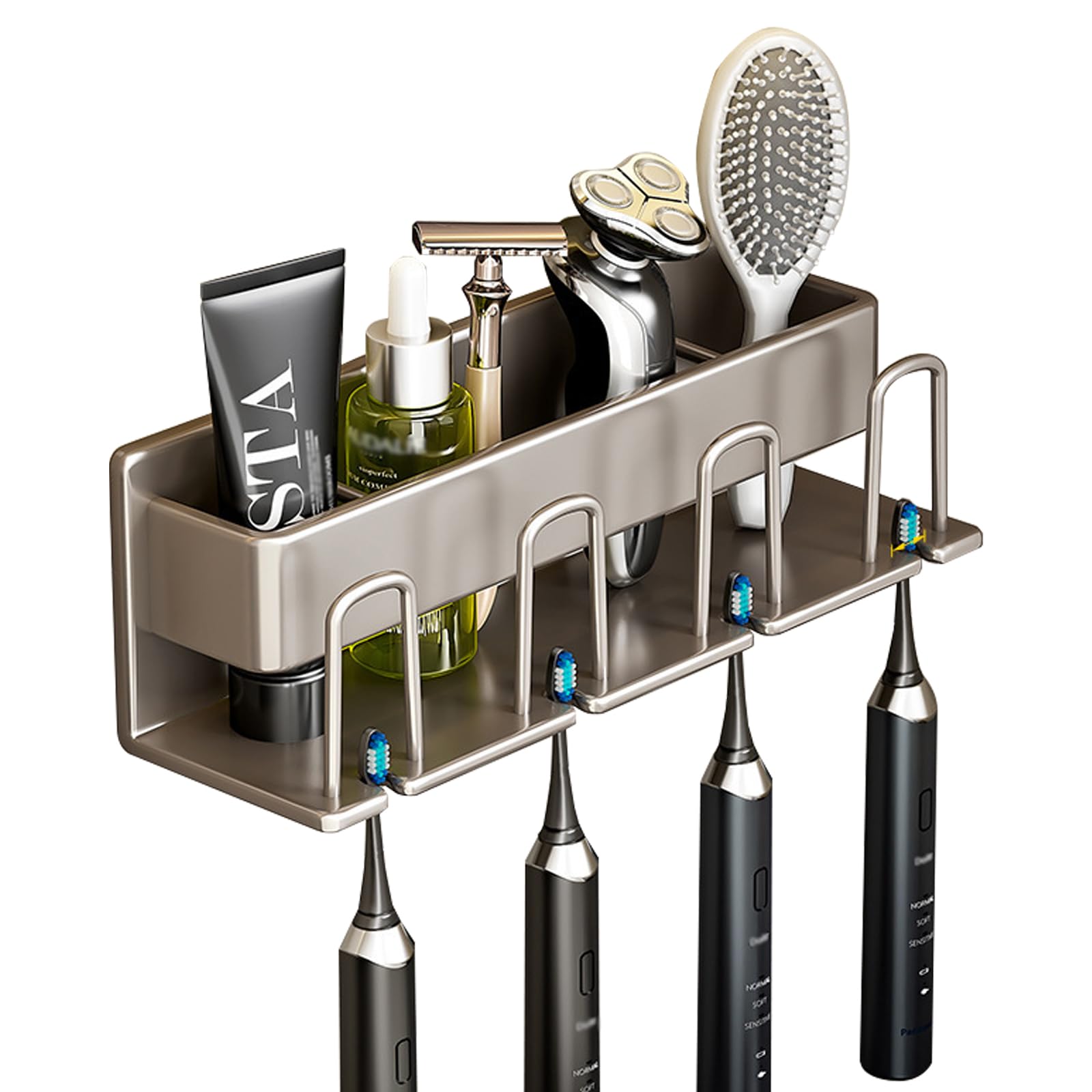 目隠し 歯ブラシ＆チューブスタンド 約W26×7.5×H8cm タワー tower 歯ブラシホルダー 一括収納 フィルムフック 歯磨き用品 収納セット 浮かせる収納 歯ブラシスタンド タンブラーホルダー (グレー)