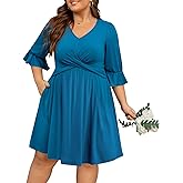 Manllenshie Women's Plus Size 2 Pockets Dresses 3/4 Ruffle Sleeve V Neck Crossover Flowy Pleats Casual Fall Loose Dress