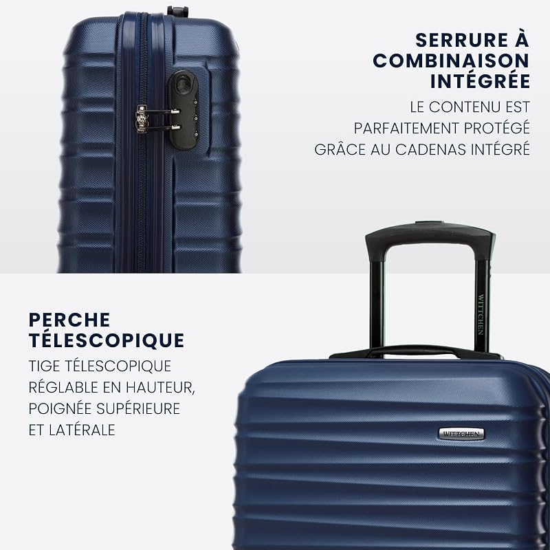 Valise de Voyage Set de 4 valises Valise à roulettes Bagages à Main ABS 4 roulettes pivotantes Serrure à Combinaison Poignée télescopique Groove Line Bleu Marine Air France/Easyjet