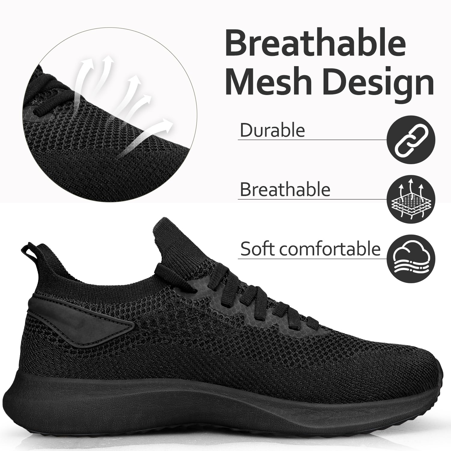 Giniros Sportschuhe Herren Turnschuhe Laufschuhe Sneaker Leichtgewich Atmungsaktiv Schlüpfen Walkingschuhe Casual Schuhe Tennis Fitness Jogging Schwarz 43EU 3