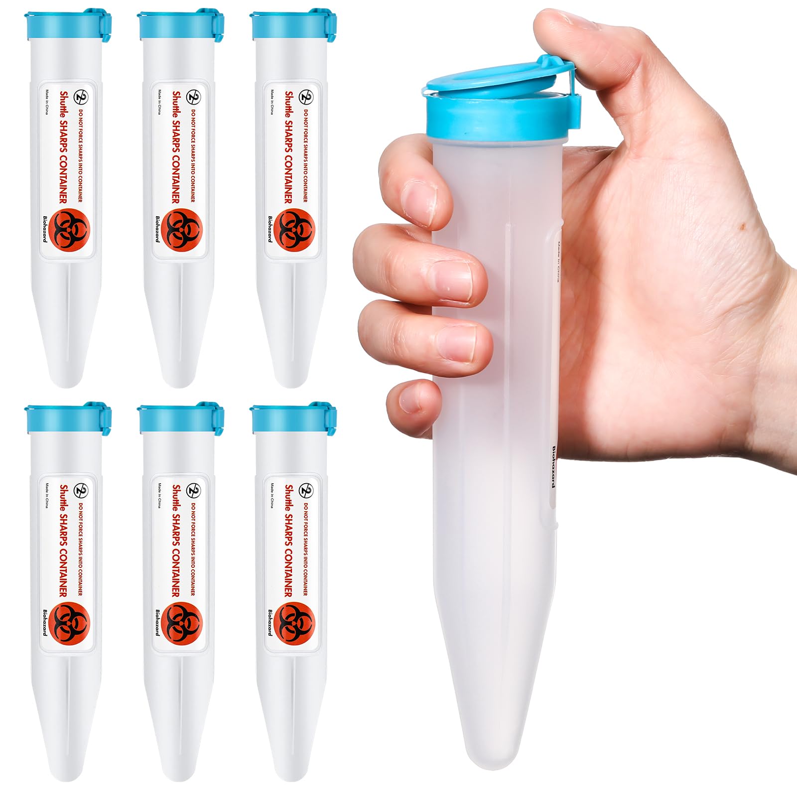 Photo 1 of Colingmill 6 Count Single Use Travel Sharps Containers Transportable Small Disposal Sharps Containers with Locking Mechanism for Needles Syringes (Blue)