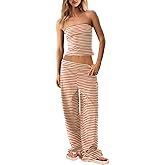UNIANKIYA Womens Striped 2 Piece Lounge Set Strapless Tube Top and Wide Leg Pants Summer Beach Vacation Outfits Travel Set