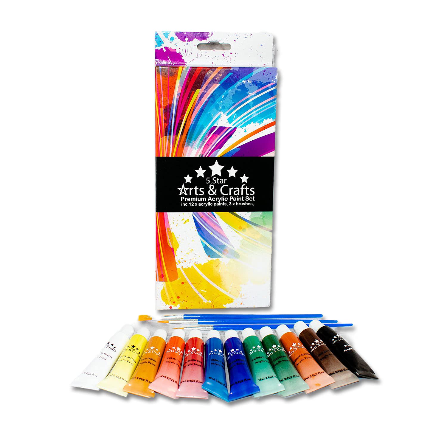 The Glowhouse Acrylic Paint Set 15pc Set inc 12 Premium Quality Non-Toxic & Vibrant Colours, 3 Brushes