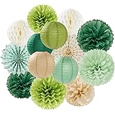 Sage Green Gold Party-Decorations Streamers-Lanterns - 14pcs Olive Paper Fan Honeycomb, Rustic Boho Neutral Birthday Tissue Pom Poms, Baby Bridal Shower Wedding Bachelorette Decor Lasting Surprise