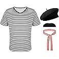 Zhanmai 4 Pcs French Men Mime Costume Black and White Stripe Neck Short Sleeve T Shirts Black Beret for Halloween Mardi Gras