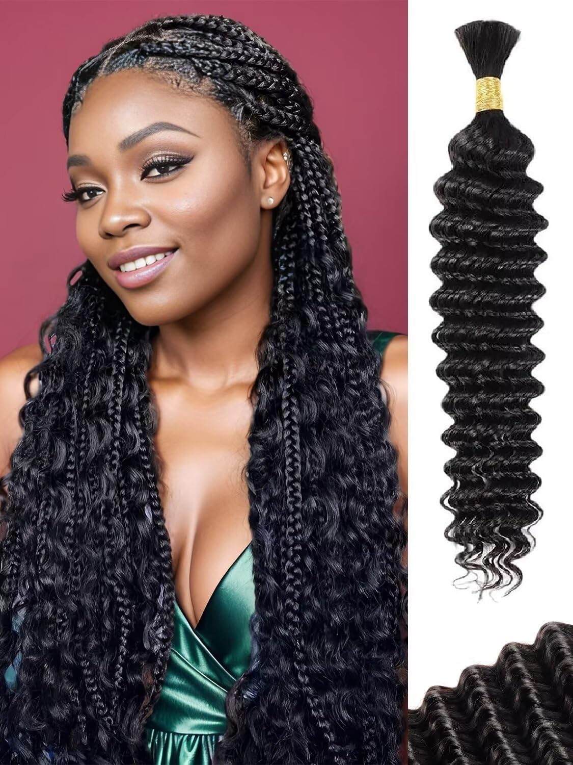 Human Braiding Hair 50g 20 Inch Deep Wave Bundles Human Hair Bulk Braiding Hair for Braiding No Weft Bundle Curly Human Hair Extensions for Boho Braids Wet and Wavy Human Hair — image 1