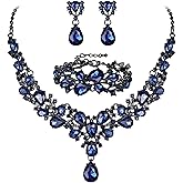 EVER FAITH Austrian Crystal Bridal Bridesmaid Jewelry Sets, Elegant Water Drop Flower Cluster Statement Chunky Necklace Earrings Bracelet Set for Women