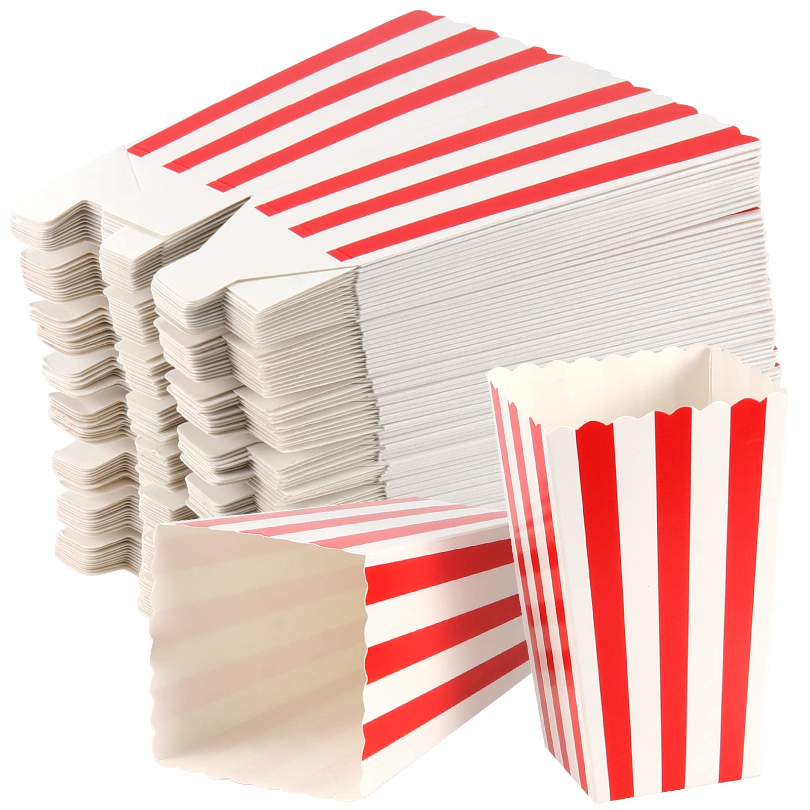 SEUNMUK 120 Pack Popcorn Boxes Striped Paper Popcorn Boxes, 280gsm Mini Cardboard Popcorn Bags Small Paper Candy Containers, for Movie Nights, Parties, Weddings, Red and White, 11.5x7x7cm