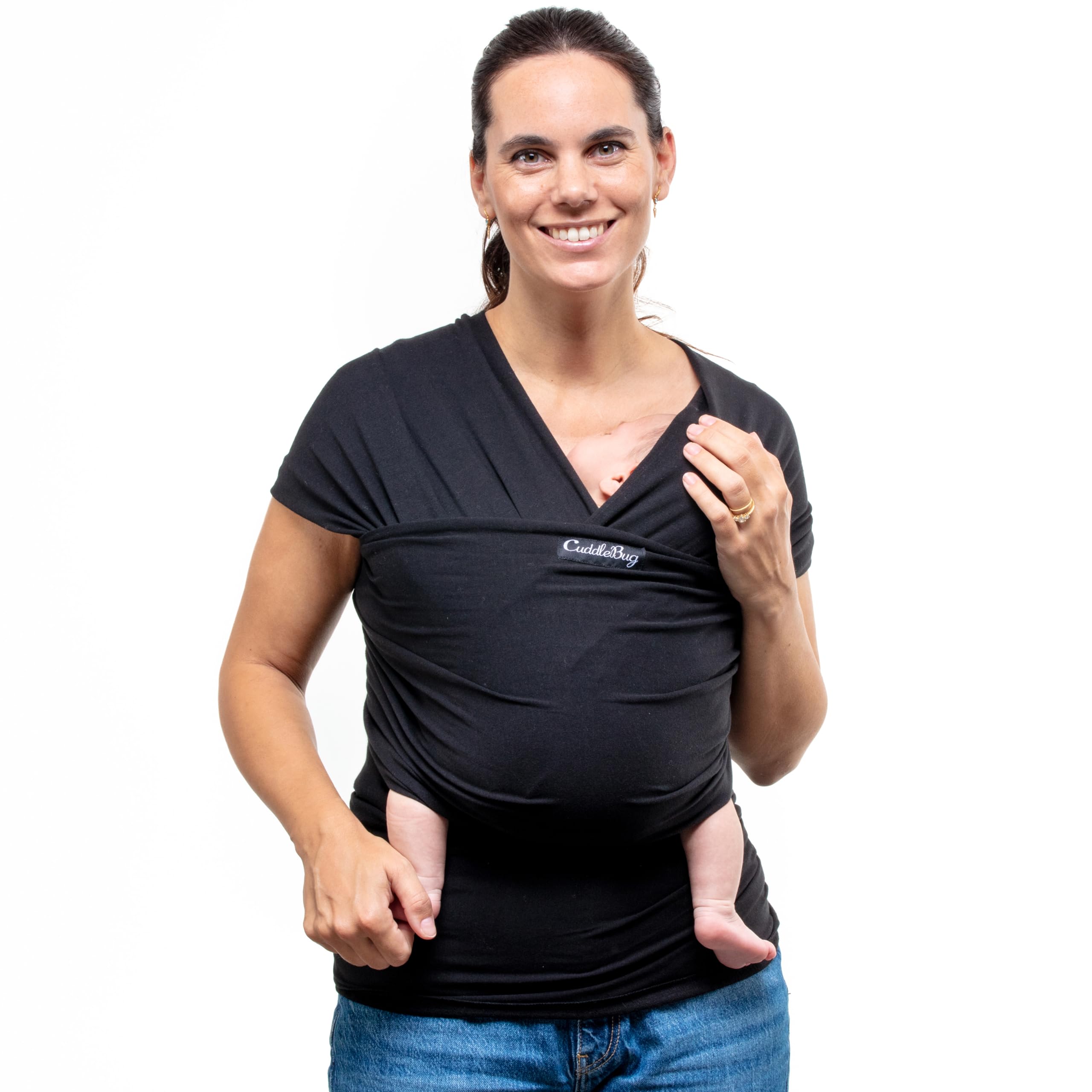 CuddleBug Hands-Free Baby Carrier - Soft & Stretchy Wrap for Newborn to Toddler 7-35 lbs - One-Size-Fits-All Hip-Healthy Holder (Black)