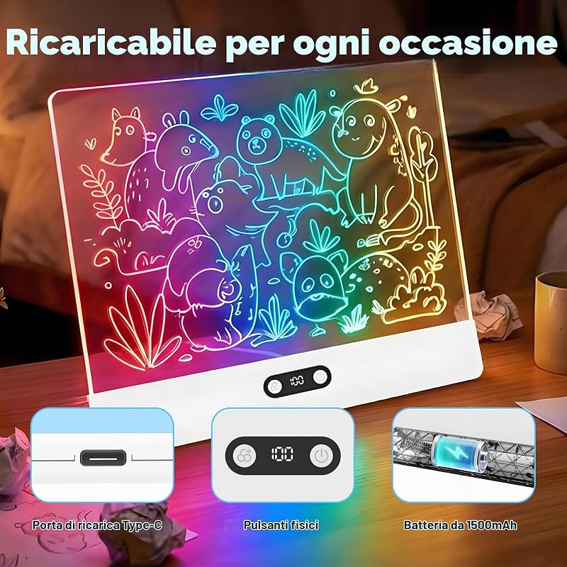 Tavola da Disegno a LED,35x26 cm Tavoletta Grafica Bambini Ricaricabile,8 Colori,3 Modalità,Lavagna Luminosa per Disegnare,Tavola Arte Neon Cancellabile per Appunti,Scarabocchiare-Bianco — foto 4 di 8