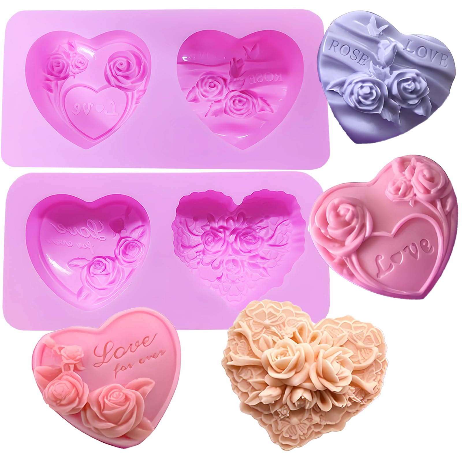 Photo 1 of 2 Pcs Heart Soap Molds,3D Embossed Rose Heart Silicone Chocolate Molds Valentine Silicone Molds for DIY Valentine Chocolates, Candy,Muffins,Candle, Soap Cake Decoration