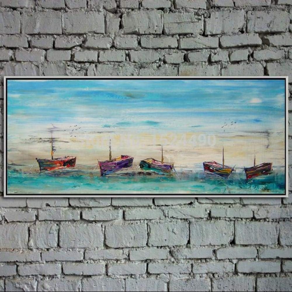 SHYHSCLBD Oil Paintings On Canvas Hand Painted,Abstract Natural Landscape,Blue Seascape Boat Scenery,Modern Home Decor Large Size Artwork Painting For Office Living Room Bedroom Wall