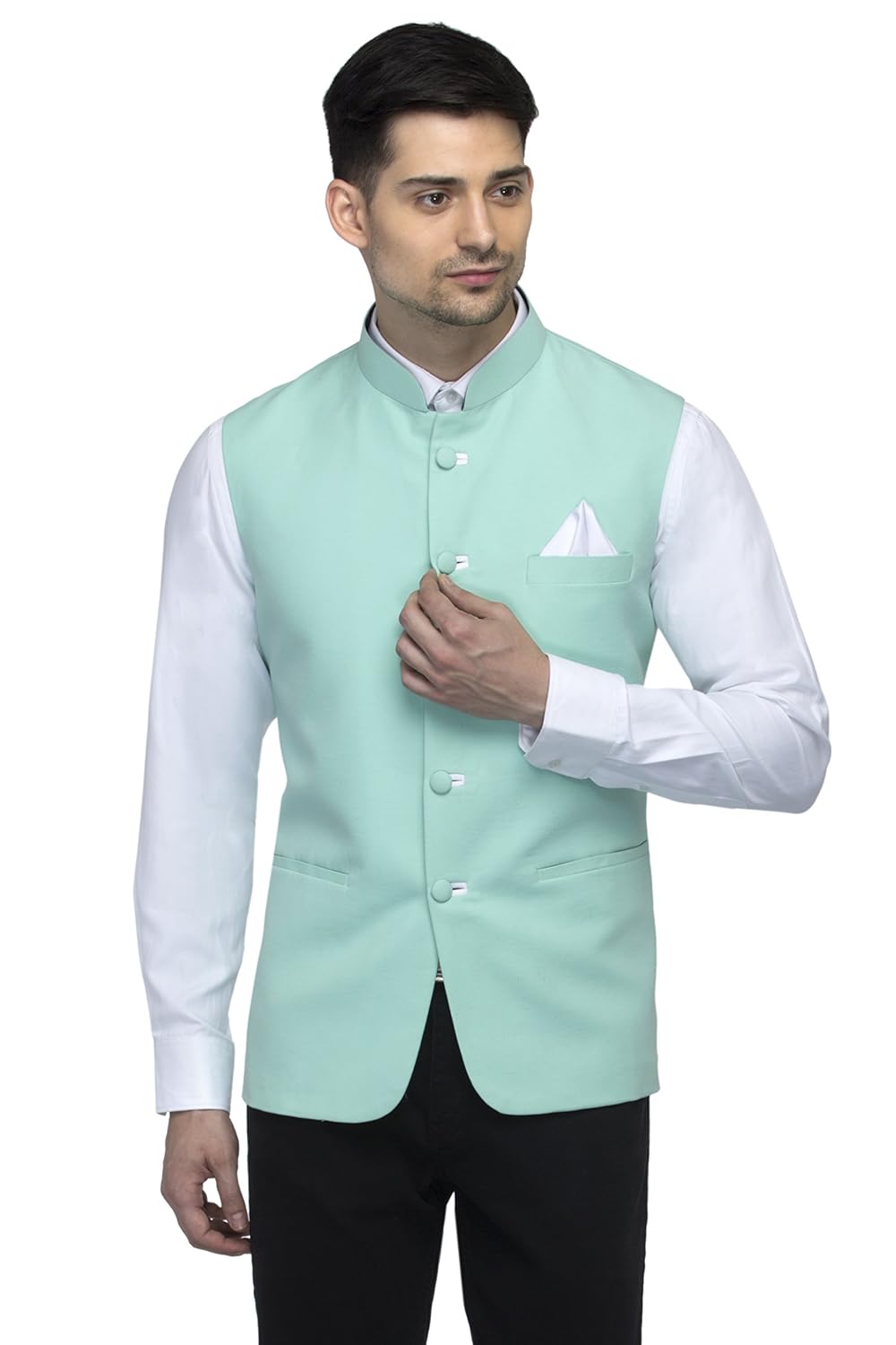 favoroski sleeveless nehru jacket with mandarin collar for men