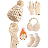 Yusongirl Winter Women Scarf Gloves Beanie Ear Muffs Socks Set Cold Weather Warm Knit Hat Fleece Long Neck Warmer 5 in 1 Set