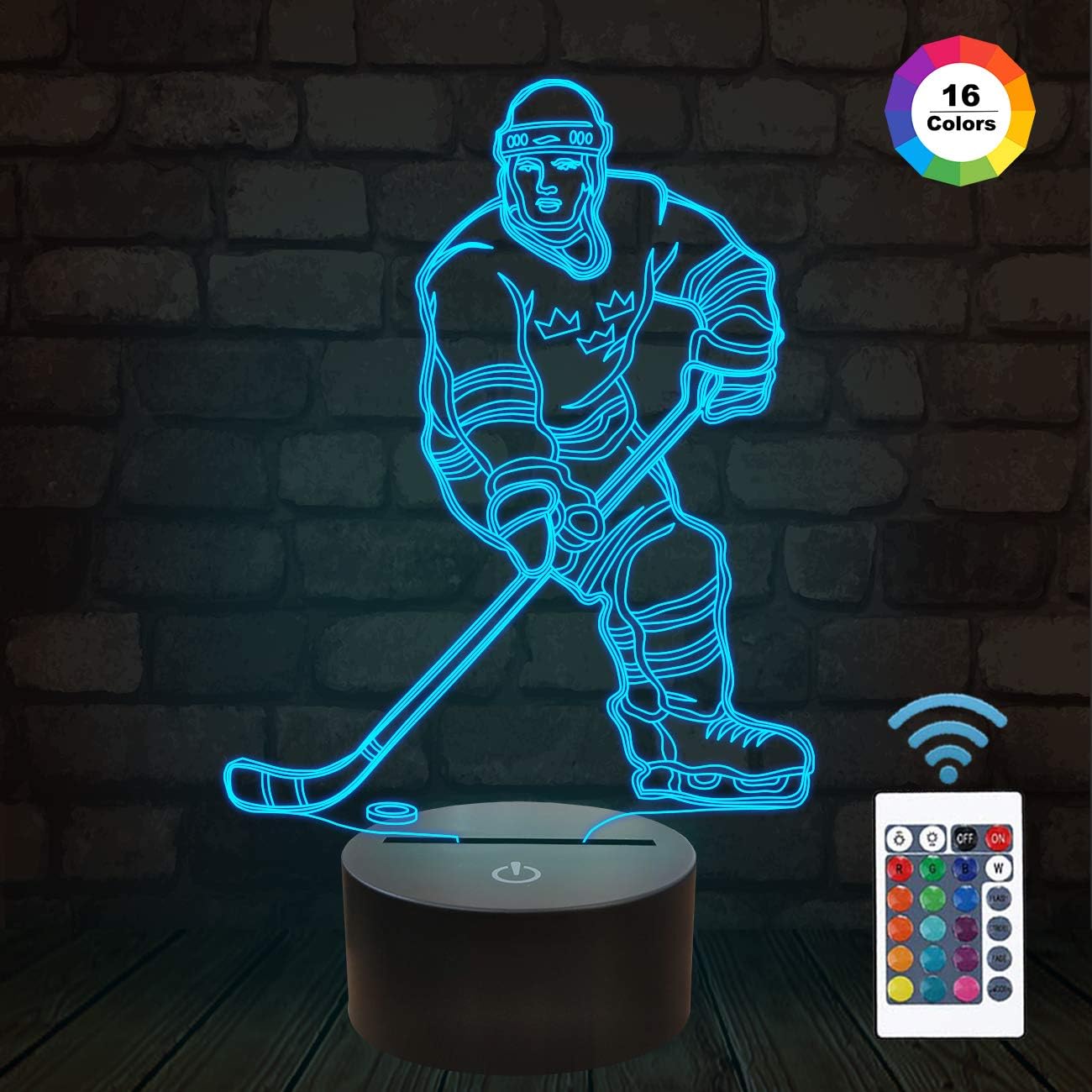 FULLOSUN 3D Ice Hockey Night Light, Athlete Illusion LED Lamp 16 Colors