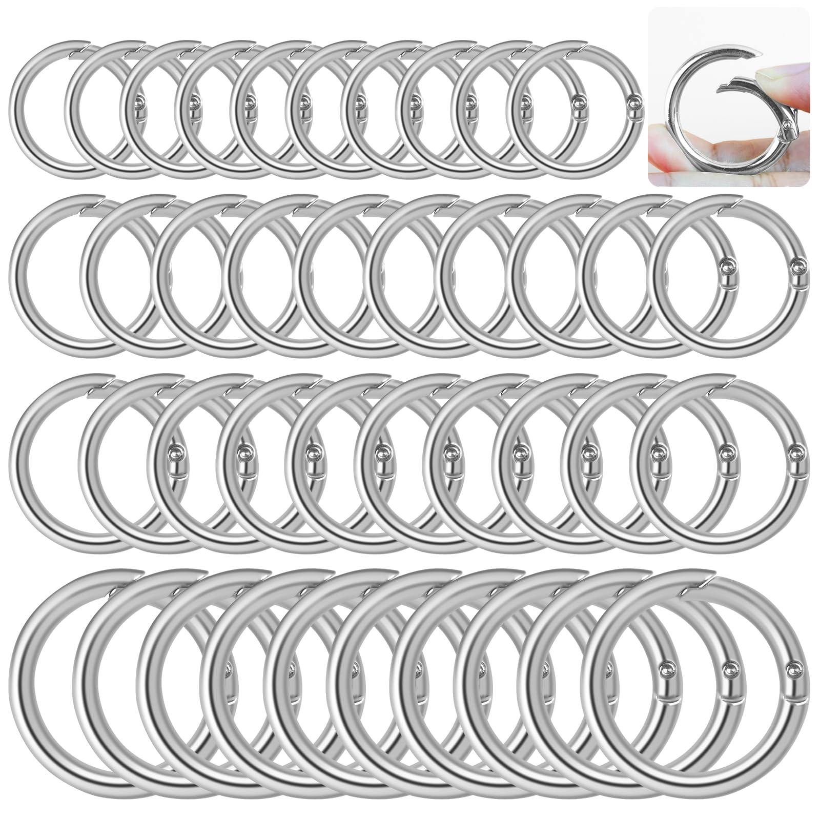 HavaCue 40PCS Spring O Rings 4 Sizes Round Carabiner Snap Clip,20/24/27/33mm Round Spring Snap Clip Hooks,Silver O Rings Metal for Bags Wallets DIY Craft