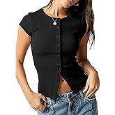 Sidefeel Women's Short Sleeve Tops Ribbed Button Down Crewneck Slim Fitted Casual Summer T Shirts