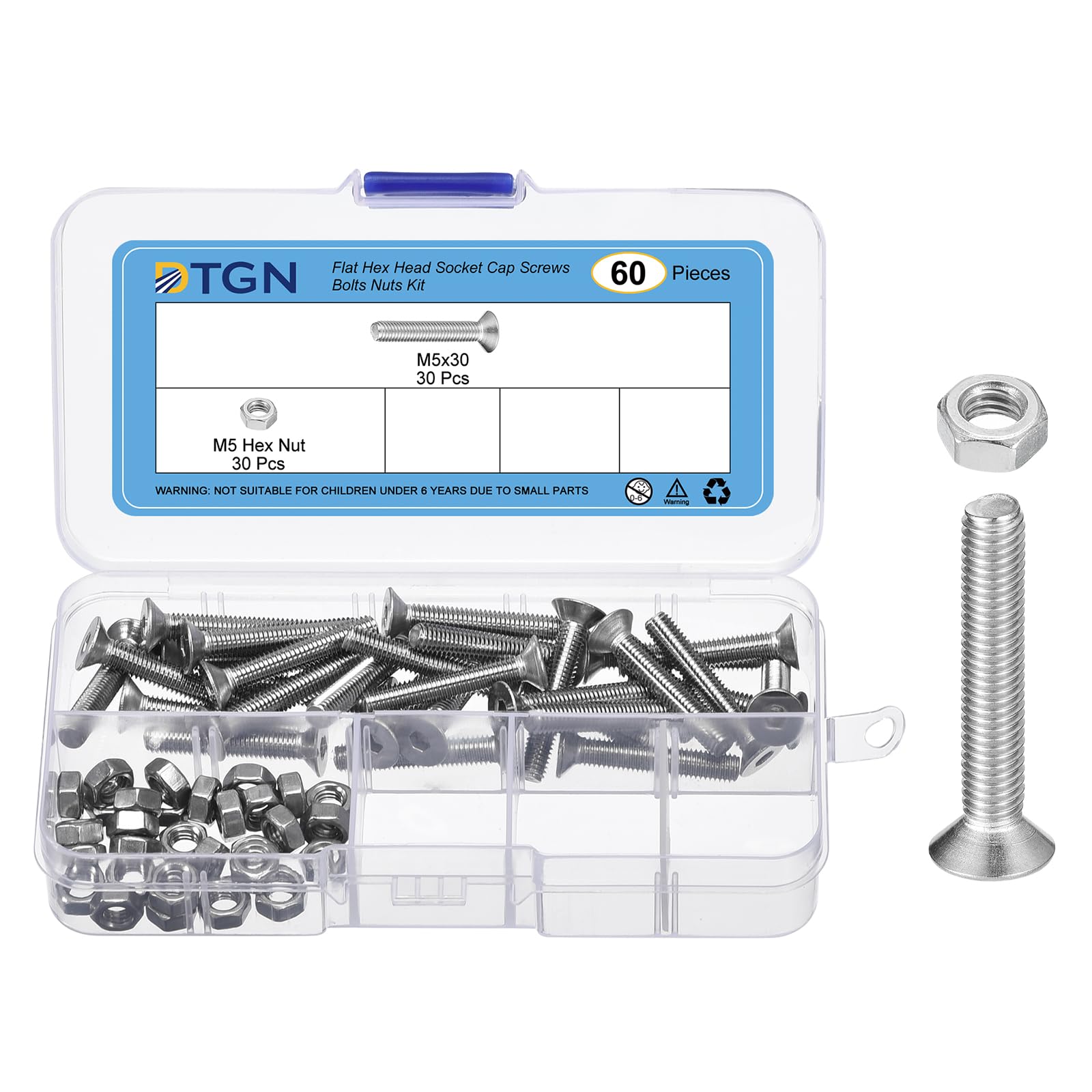 DTGN 60Pcs M5-0.8 x 30mm Flat Head Hex Socket Cap Screws Bolts Nuts Kit, 304 Stainless Steel Round Flat Metric Machine Screws, Full Thread